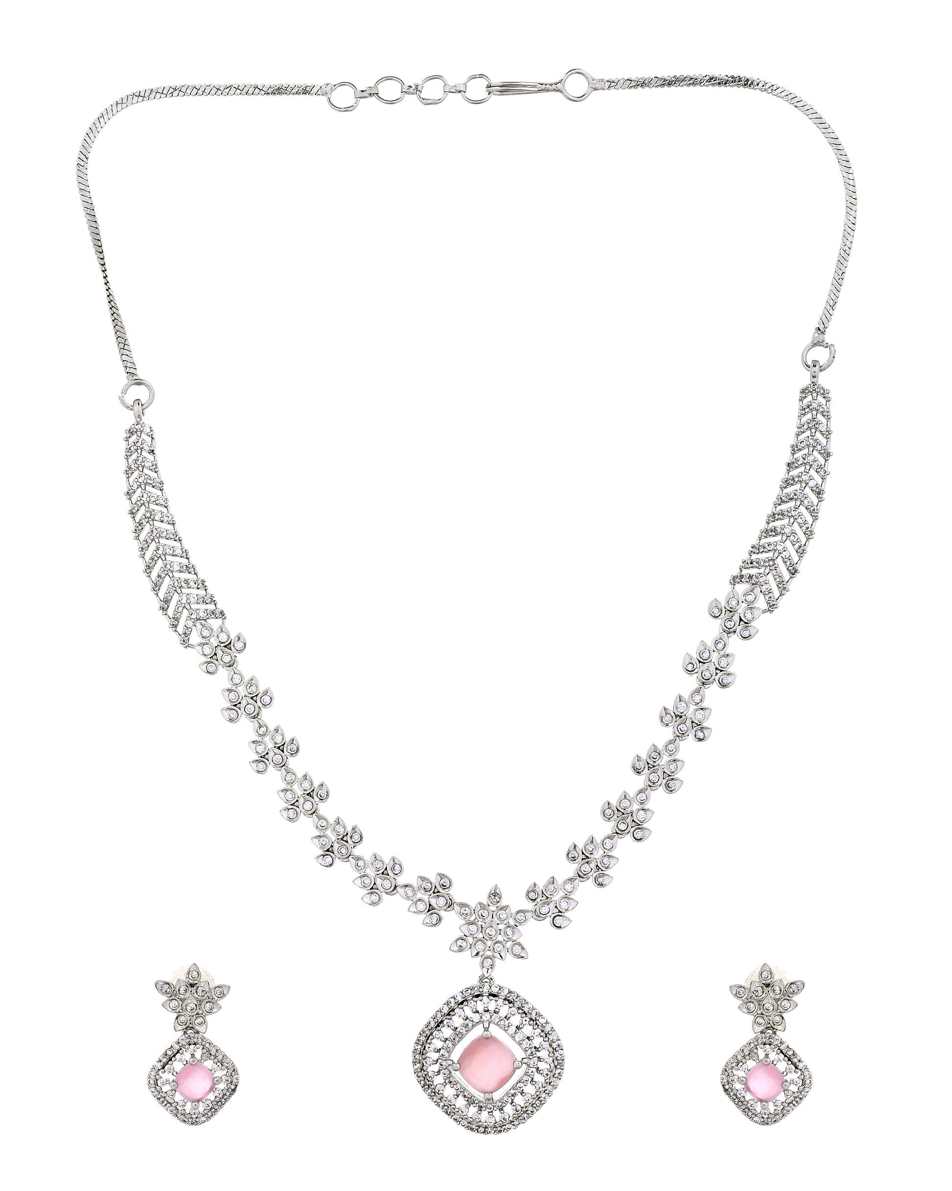 VOJ Silver Plated Baby Pink Square Stone Studded Jewellery Set - Dista
