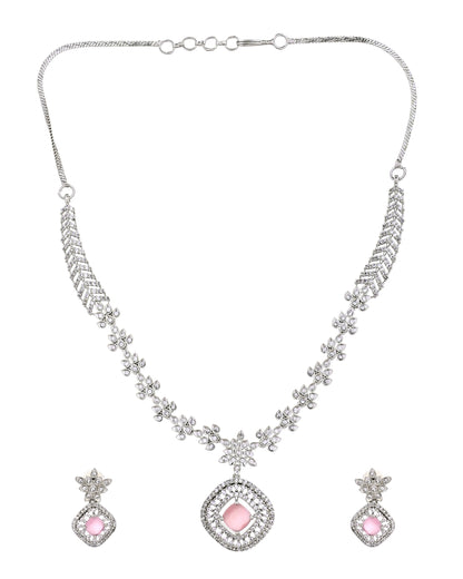 VOJ Silver Plated Baby Pink Square Stone Studded Jewellery Set - Dista