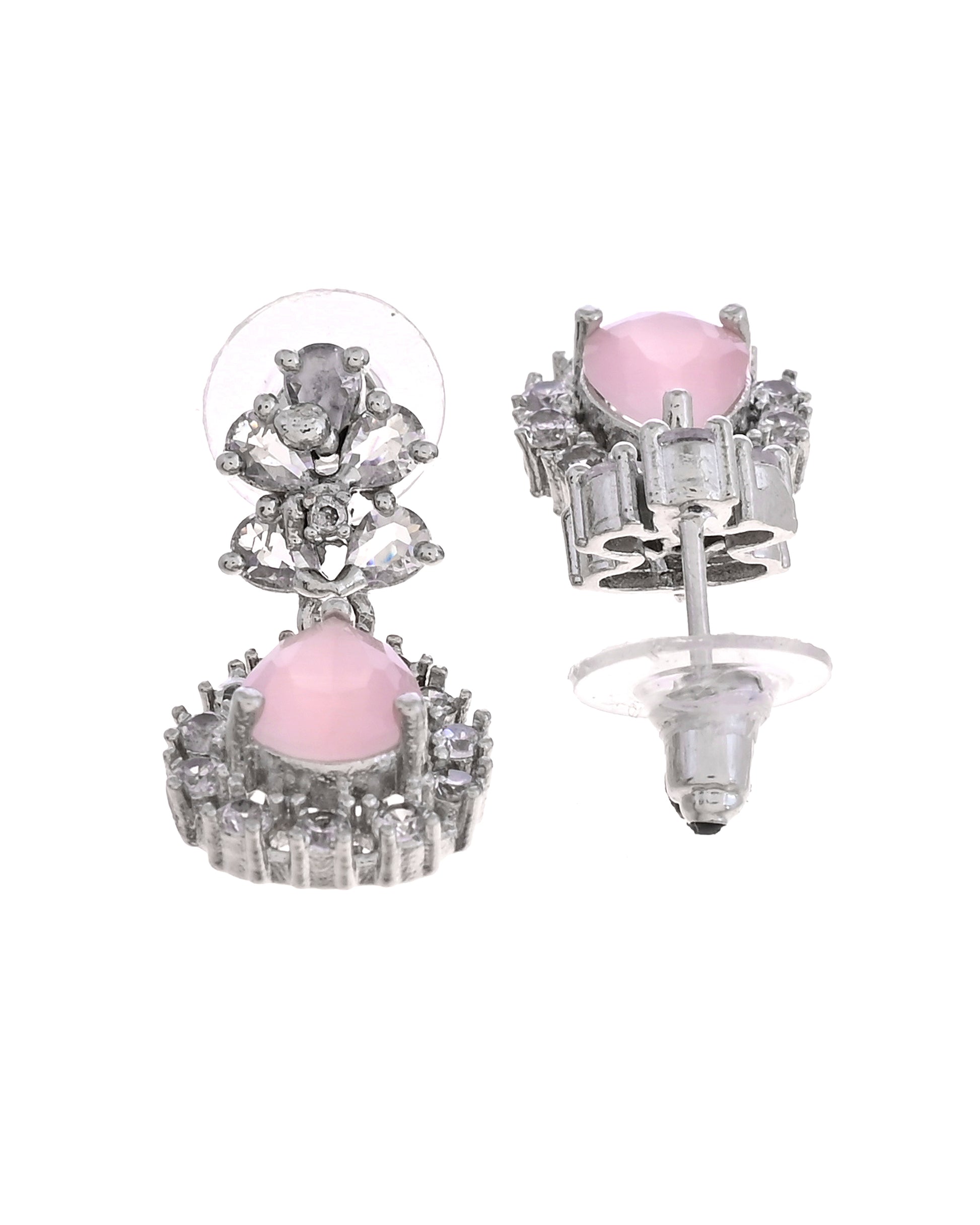 VOJ Silver Plated Baby Pink Square Stone Studded Jewellery Set - Dista