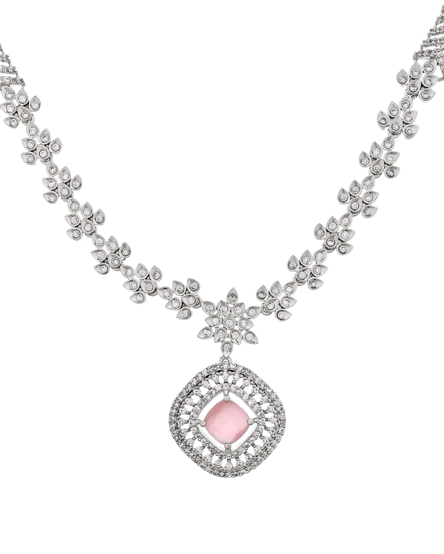 VOJ Silver Plated Baby Pink Square Stone Studded Jewellery Set - Dista