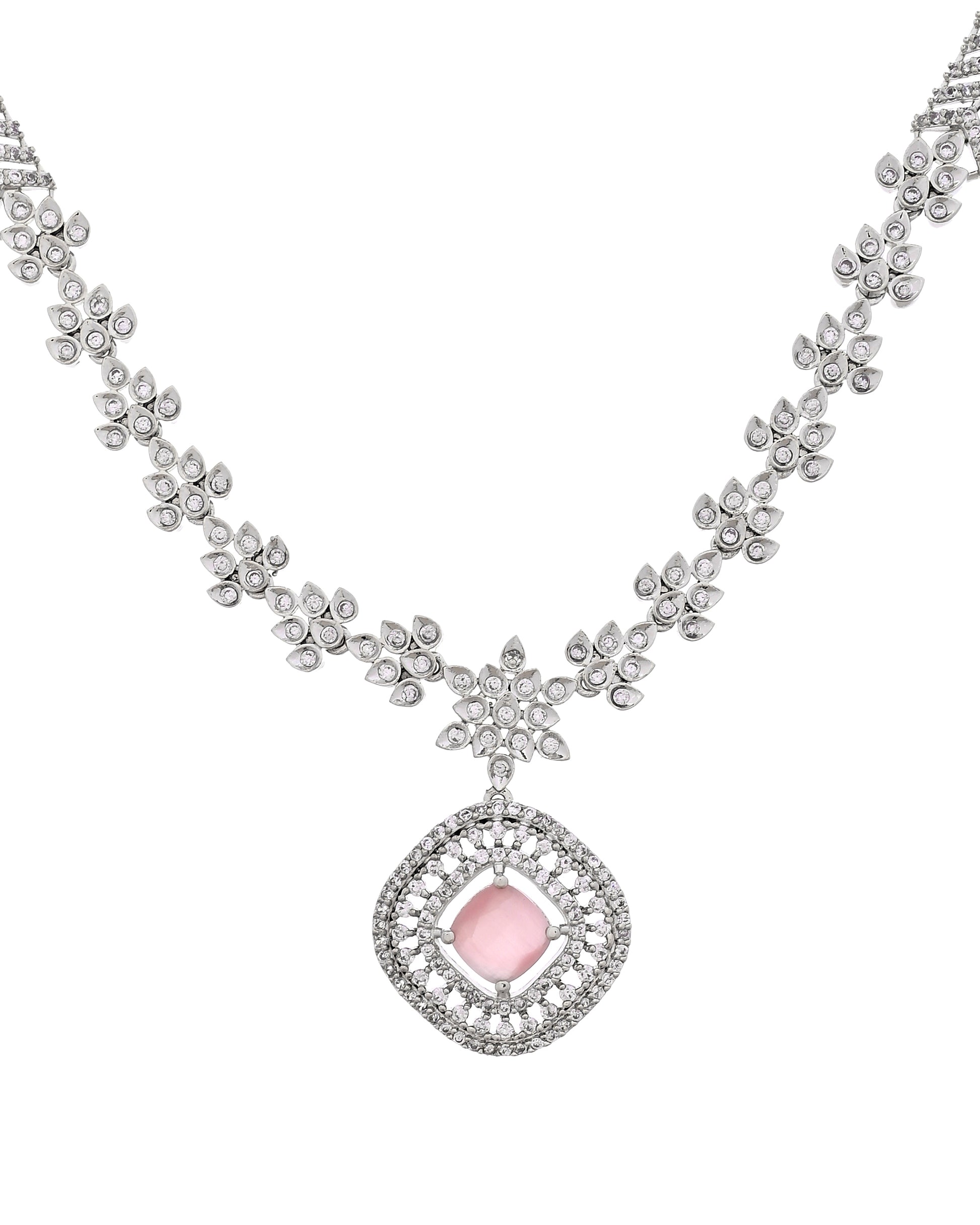 VOJ Silver Plated Baby Pink Square Stone Studded Jewellery Set - Dista