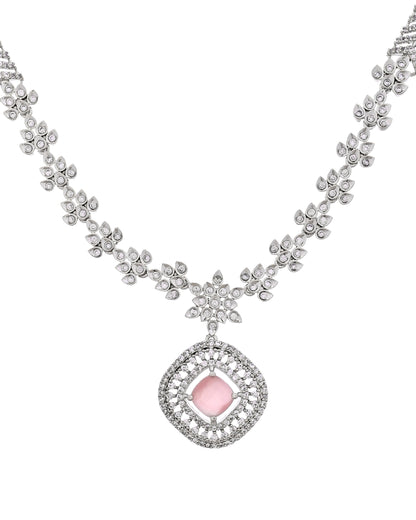 VOJ Silver Plated Baby Pink Square Stone Studded Jewellery Set - Dista