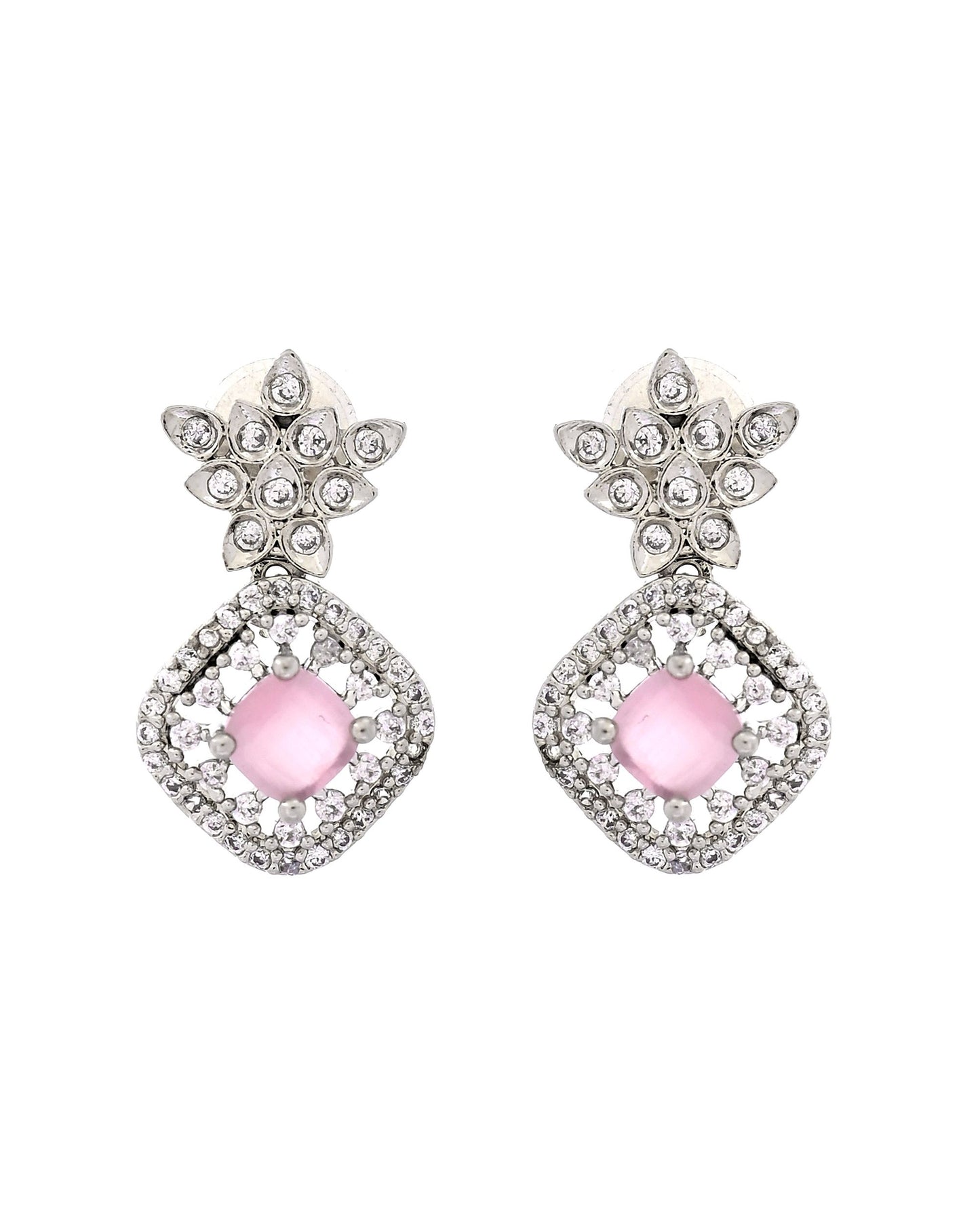 VOJ Silver Plated Baby Pink Square Stone Studded Jewellery Set - Dista