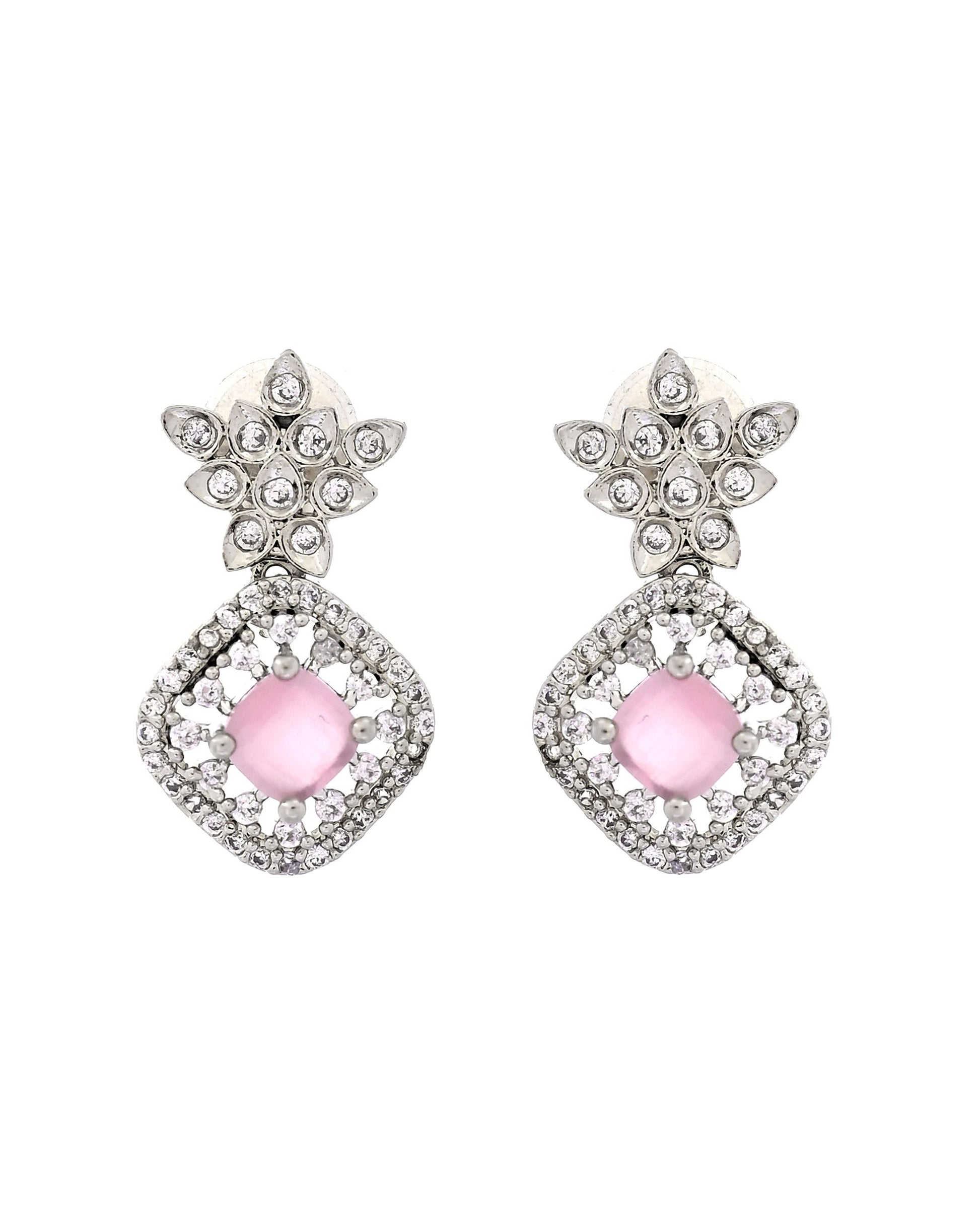 VOJ Silver Plated Baby Pink Square Stone Studded Jewellery Set - Dista
