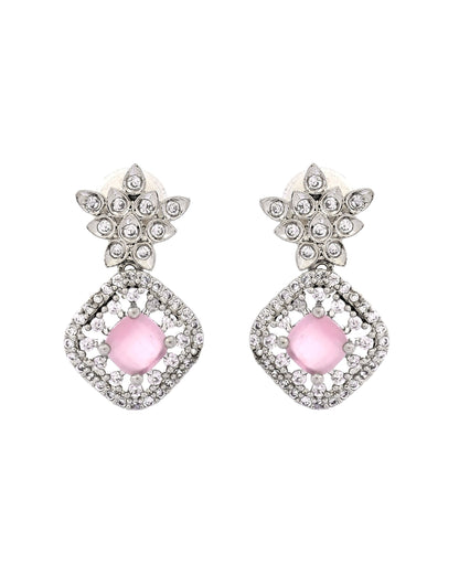 VOJ Silver Plated Baby Pink Square Stone Studded Jewellery Set - Dista