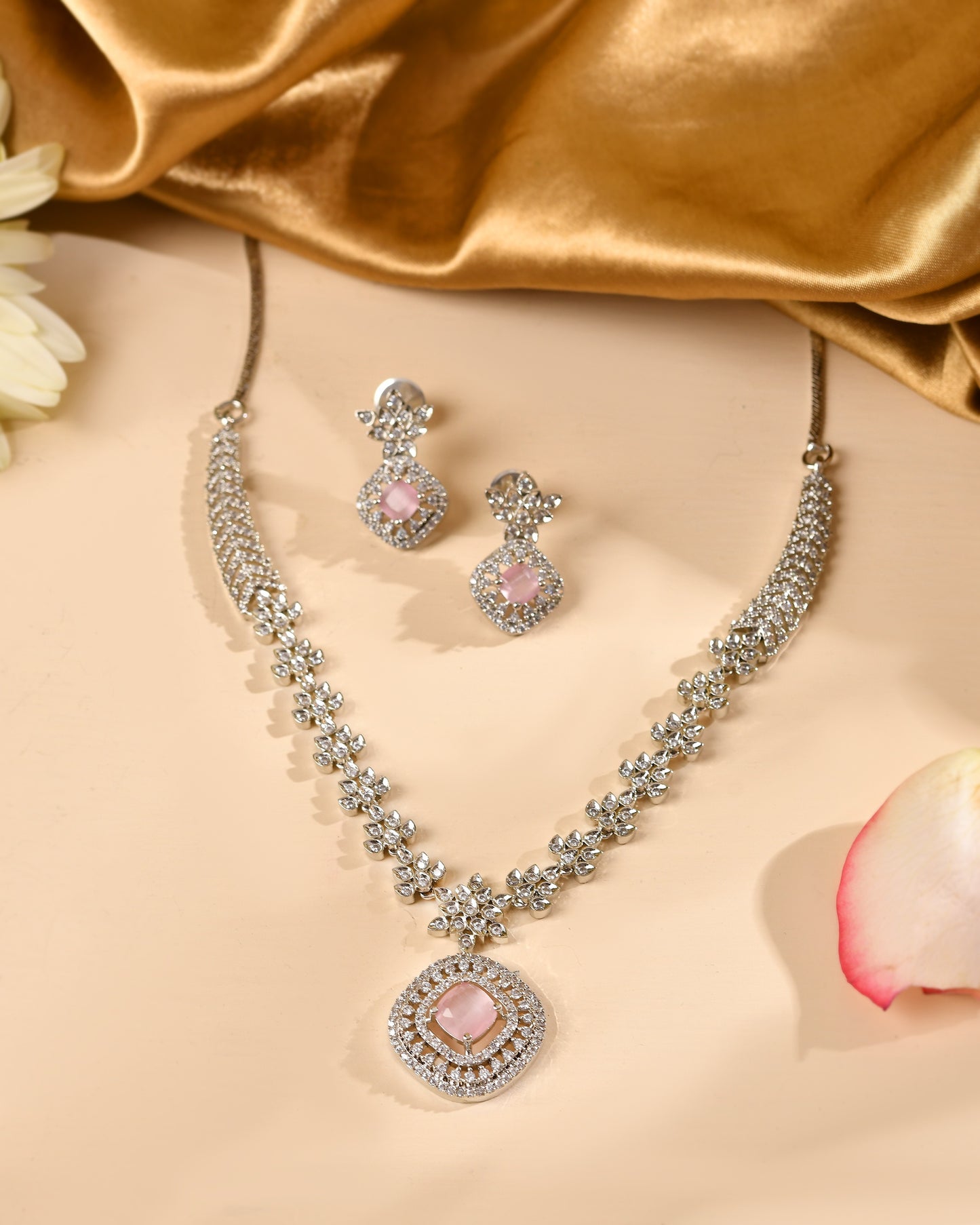 VOJ Silver Plated Baby Pink Square Stone Studded Jewellery Set - Dista