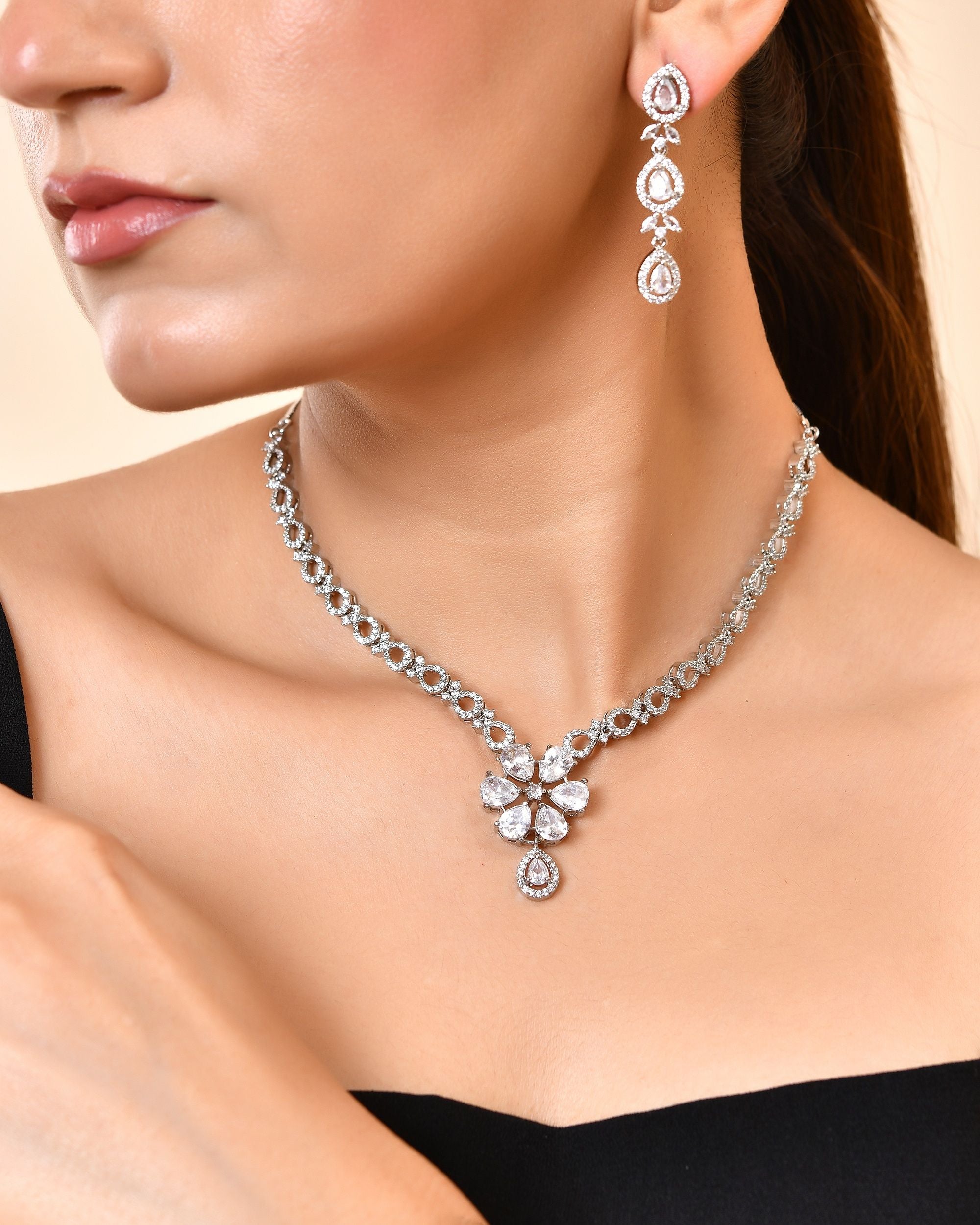 VOJ Silver Plated Ad Stone Studded Floral Jewellery Set - Dista
