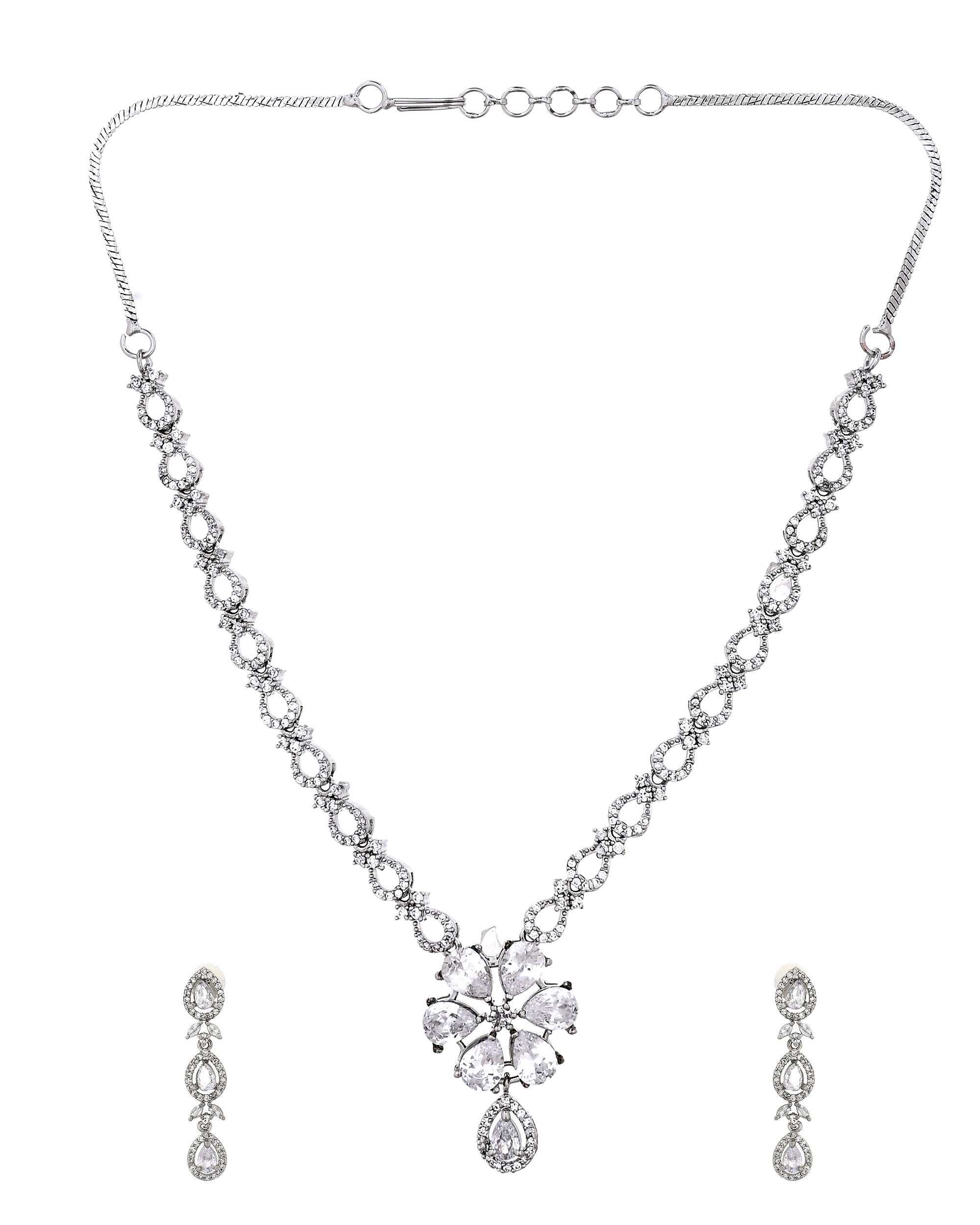 VOJ Silver Plated Ad Stone Studded Floral Jewellery Set - Dista