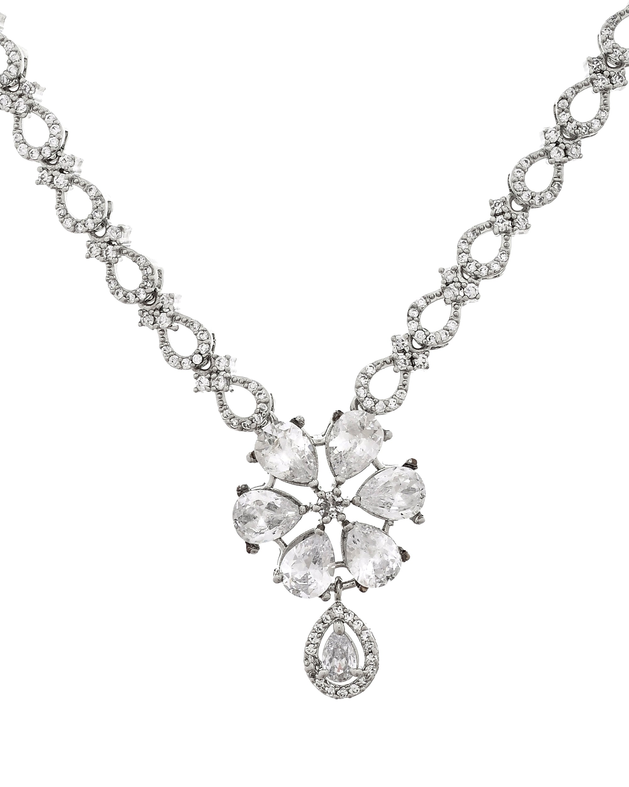 VOJ Silver Plated Ad Stone Studded Floral Jewellery Set - Dista