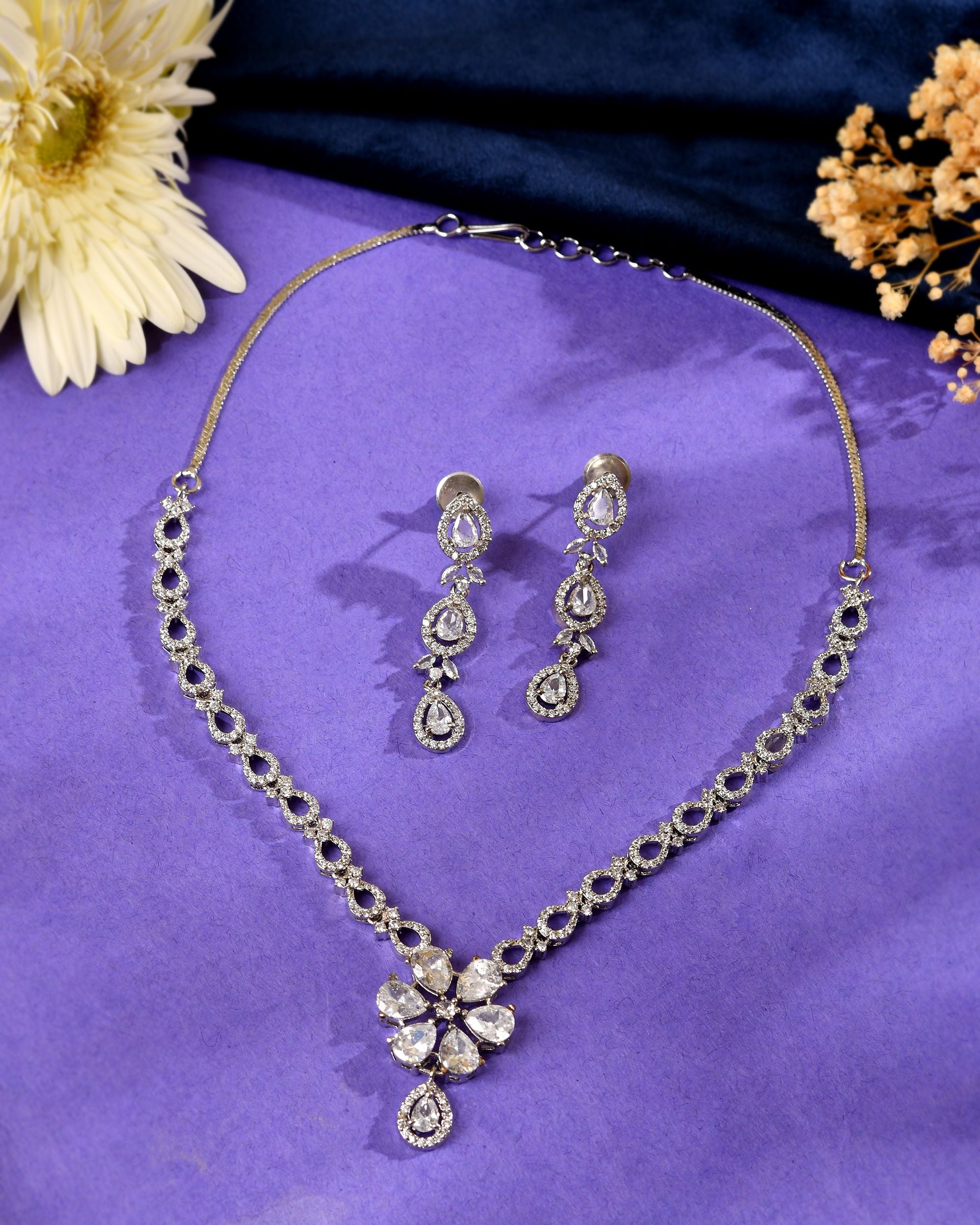 VOJ Silver Plated Ad Stone Studded Floral Jewellery Set - Dista