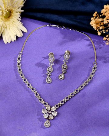 VOJ Silver Plated Ad Stone Studded Floral Jewellery Set - Dista
