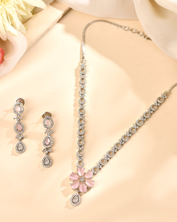 VOJ Silver Plated Ad Stone With Baby Pink Floral Jewellery Set - Dista