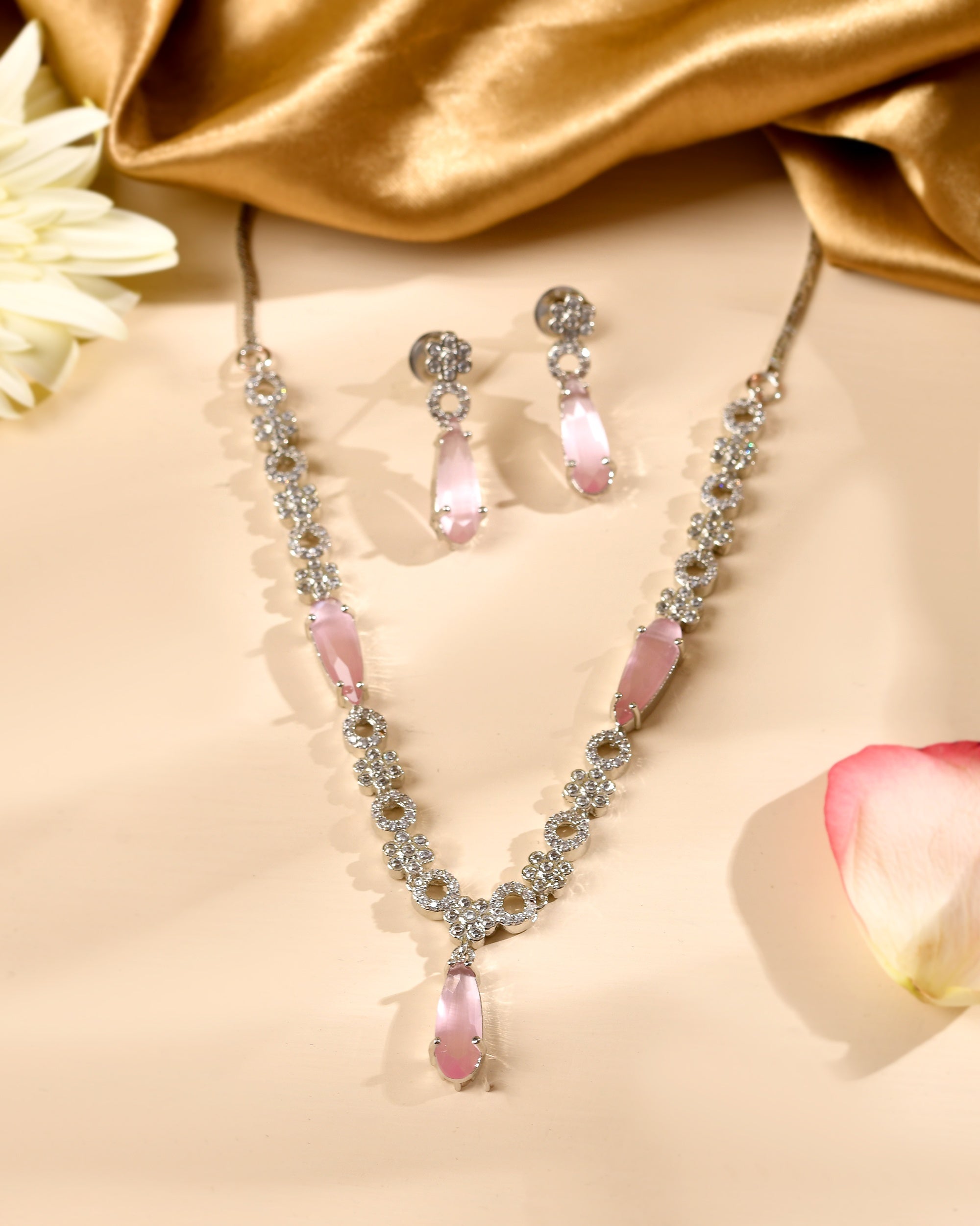 VOJ Silver Plated Baby Pink Stone Studded Ad Jewellery Set