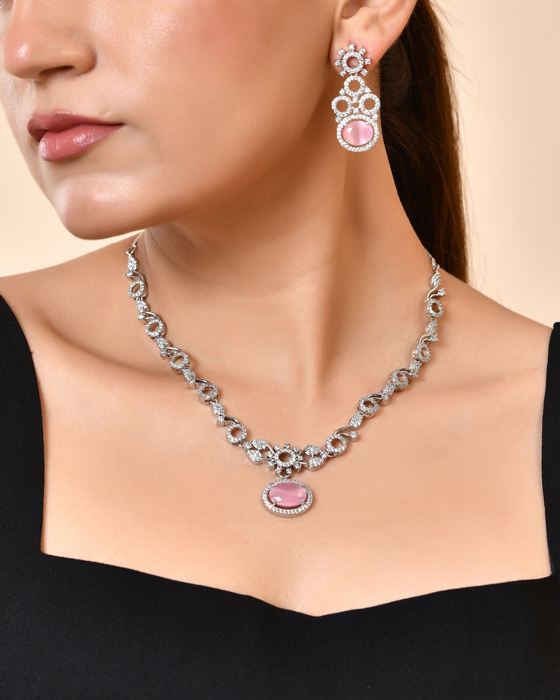 VOJ Silver Plated Designer Oval Stone Ad Necklace Set - Dista