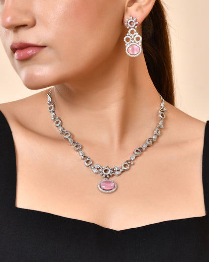 VOJ Silver Plated Designer Oval Stone Ad Necklace Set - Dista