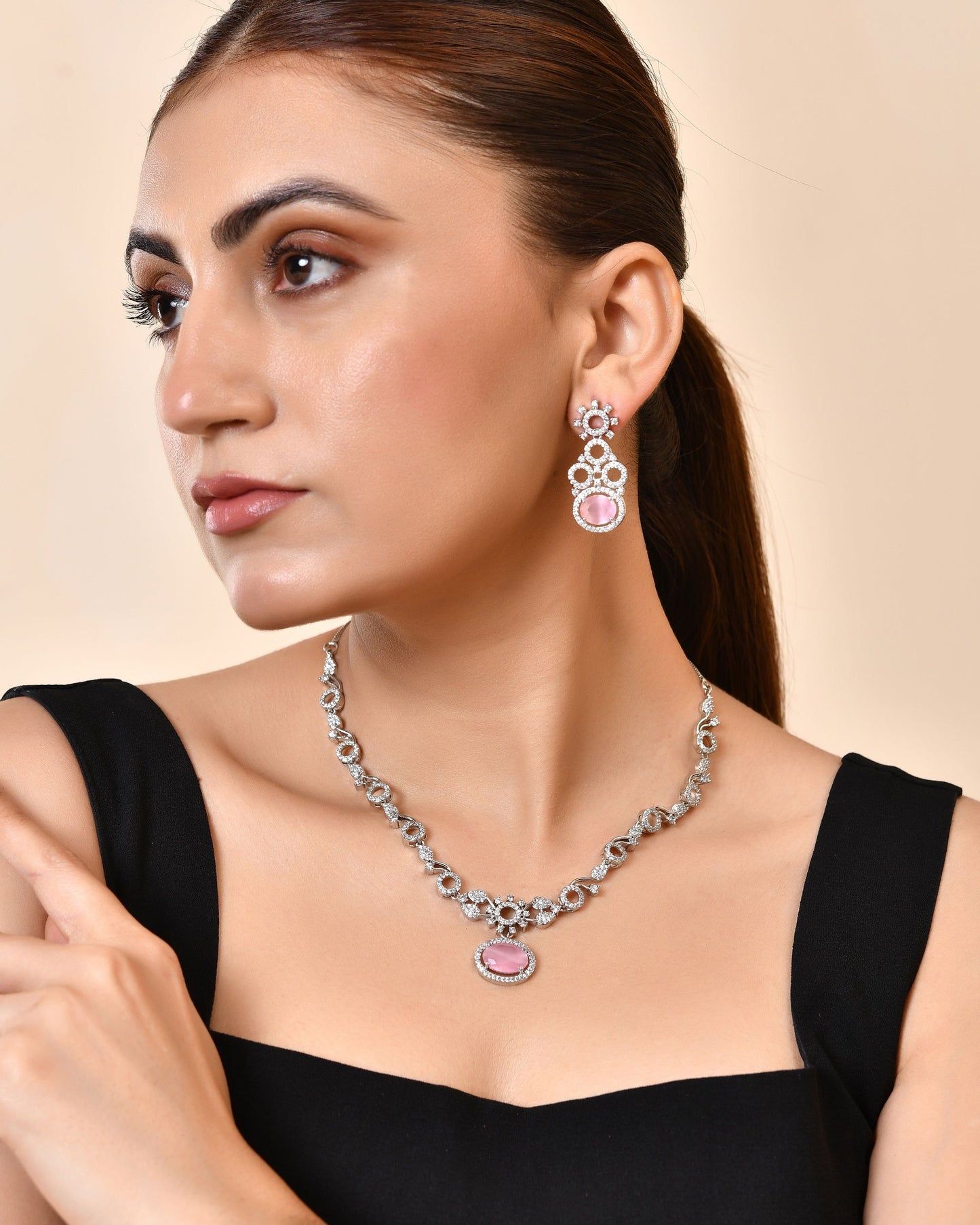 VOJ Silver Plated Designer Oval Stone Ad Necklace Set - Dista