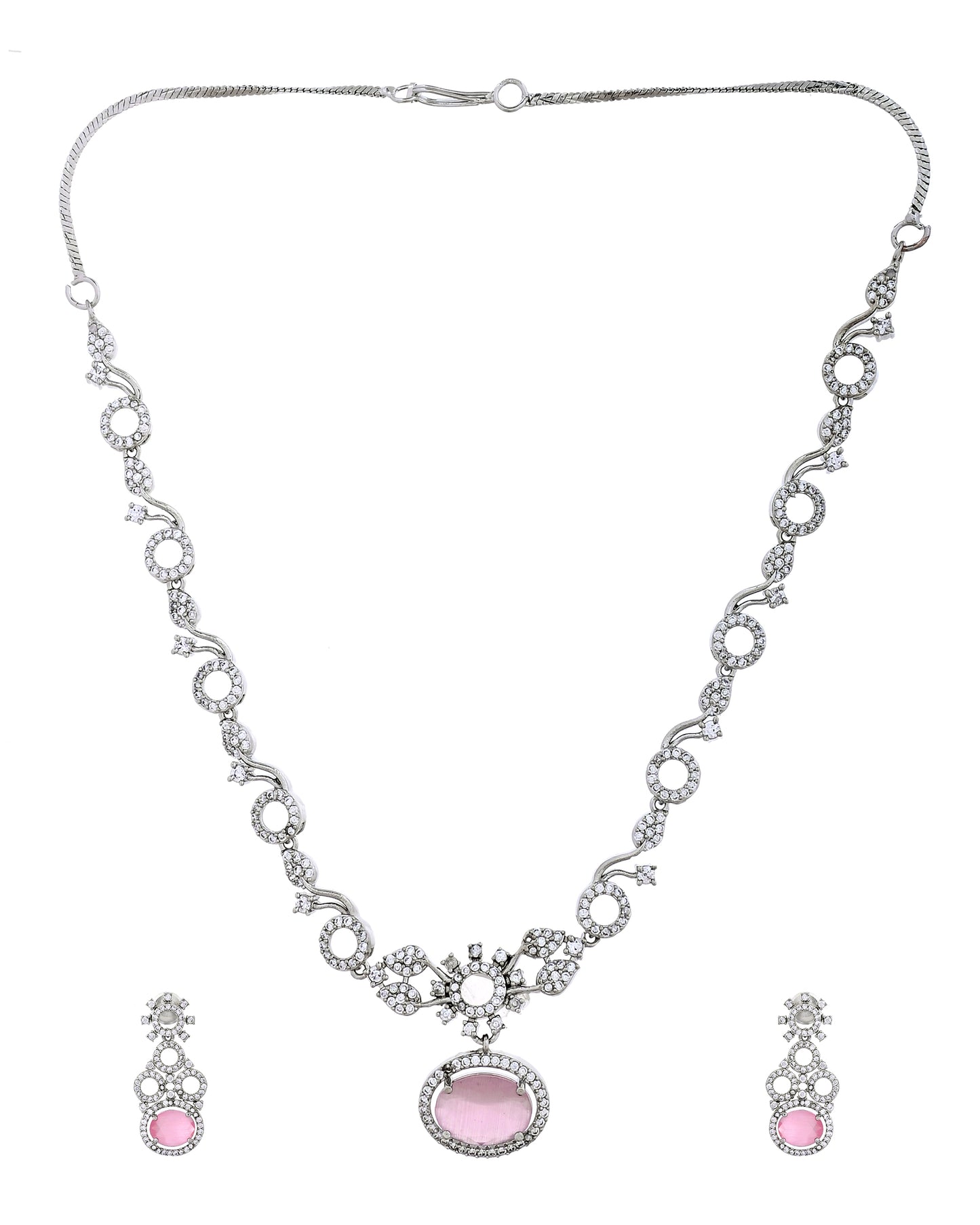 VOJ Silver Plated Designer Oval Stone Ad Necklace Set - Dista