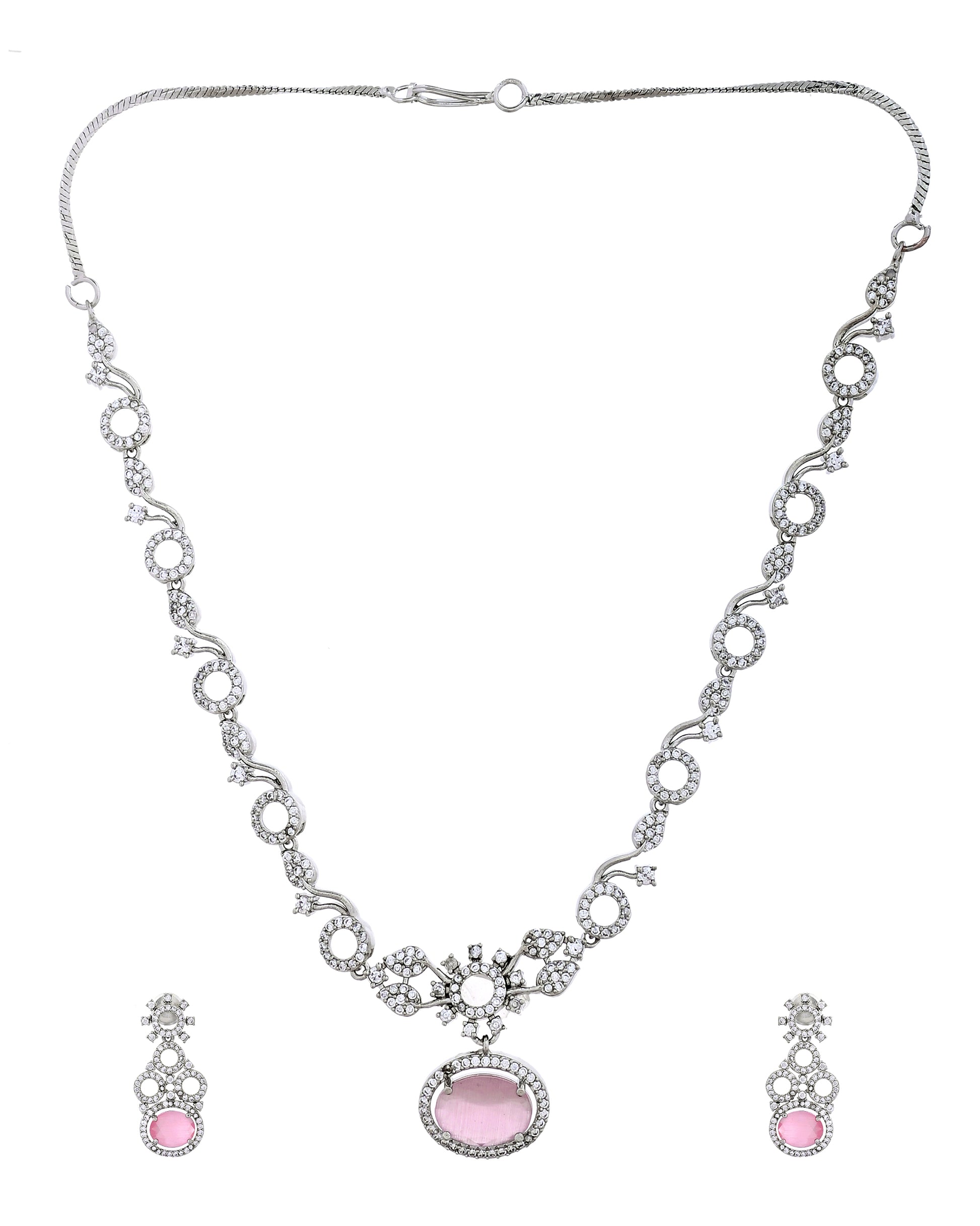 VOJ Silver Plated Designer Oval Stone Ad Necklace Set - Dista