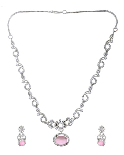 VOJ Silver Plated Designer Oval Stone Ad Necklace Set - Dista