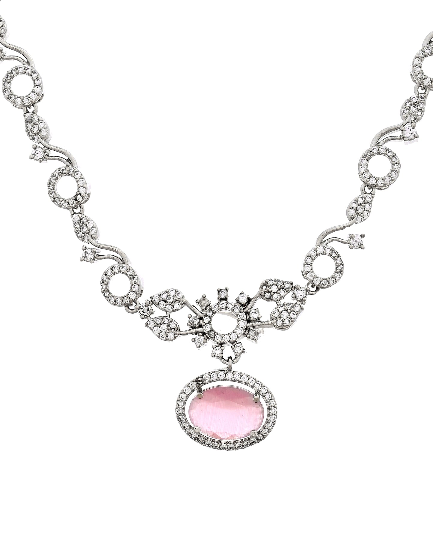 VOJ Silver Plated Designer Oval Stone Ad Necklace Set - Dista