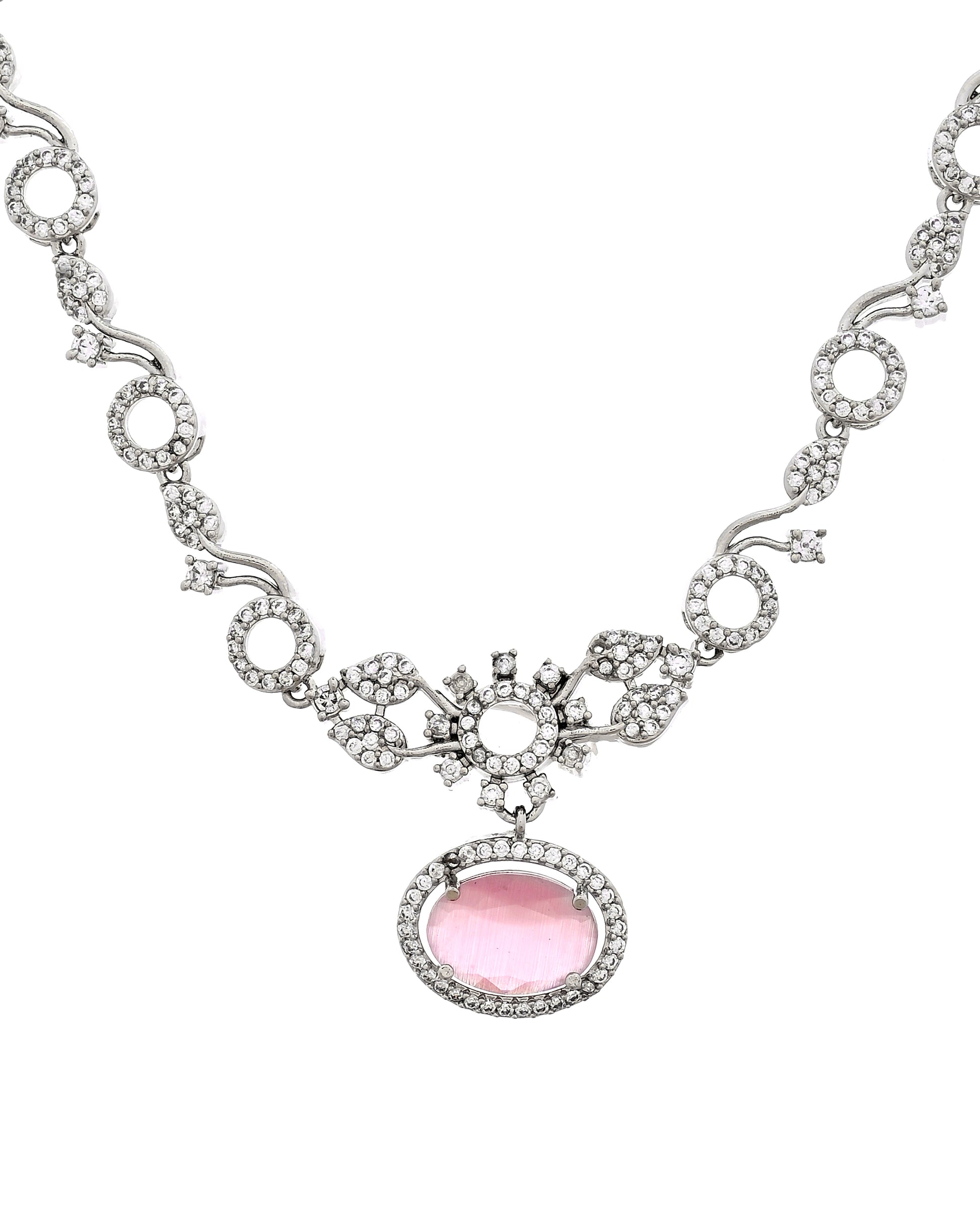 VOJ Silver Plated Designer Oval Stone Ad Necklace Set - Dista
