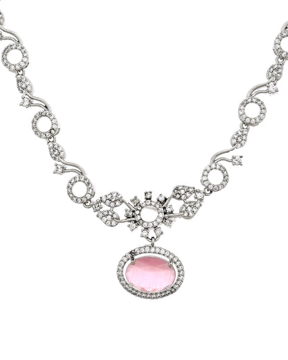 VOJ Silver Plated Designer Oval Stone Ad Necklace Set - Dista