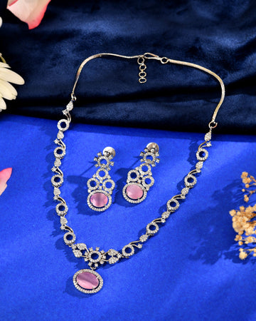 VOJ Silver Plated Designer Oval Stone Ad Necklace Set - Dista