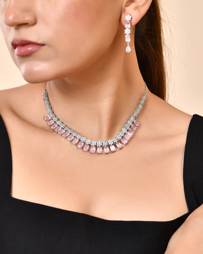 VOJ Silver Plated Baby Pink Rectangular Stone Ad Necklace Set - Dista