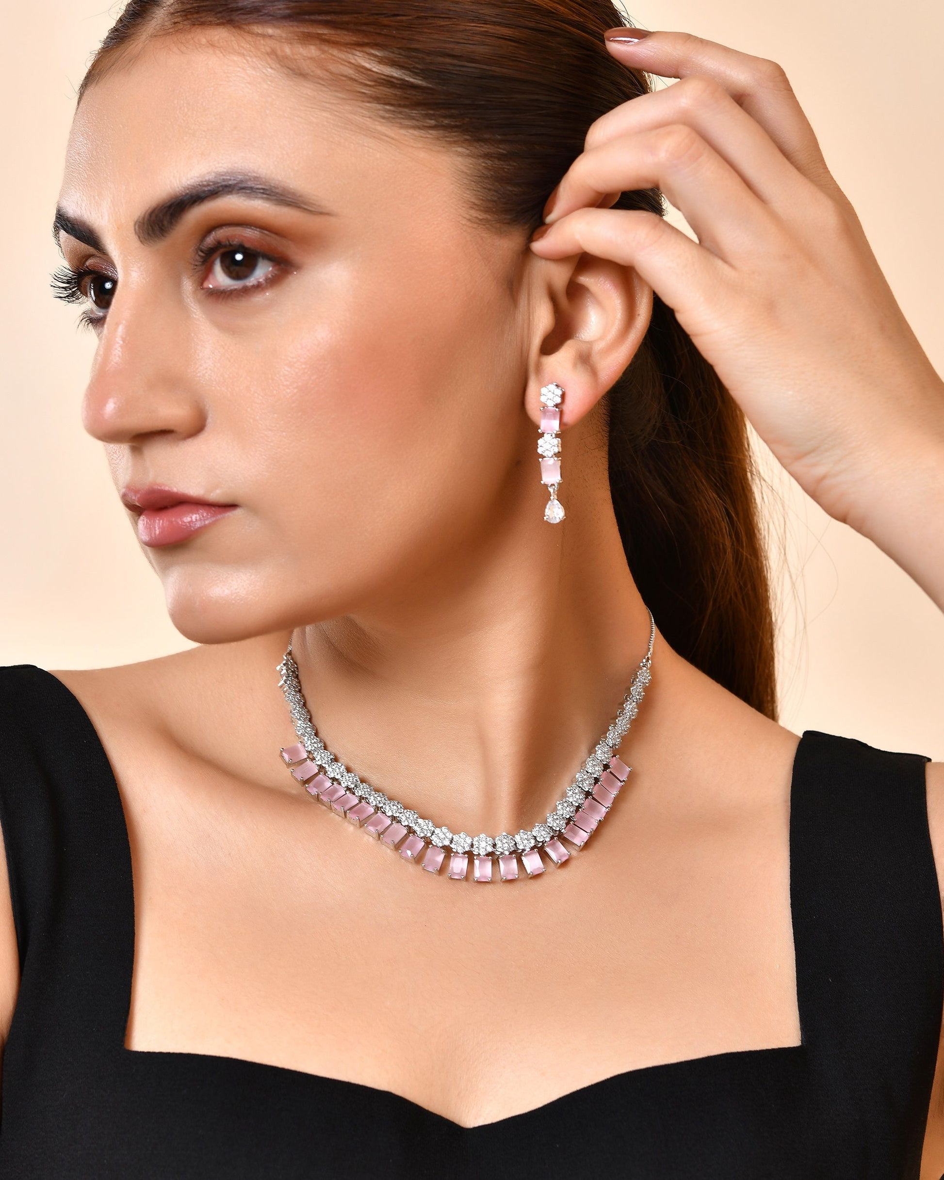 VOJ Silver Plated Baby Pink Rectangular Stone Ad Necklace Set - Dista