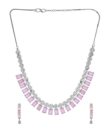 VOJ Silver Plated Baby Pink Rectangular Stone Ad Necklace Set - Dista