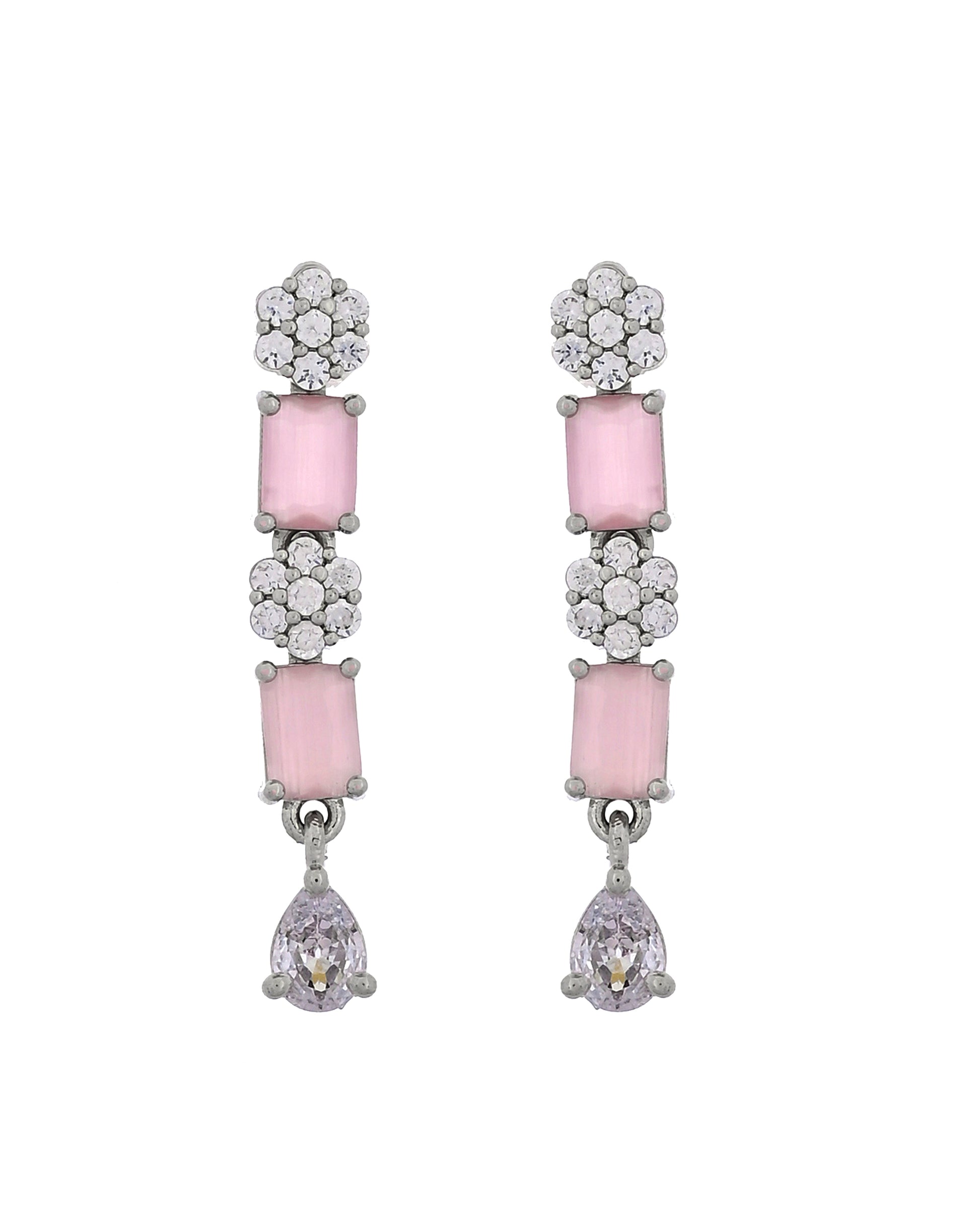 VOJ Silver Plated Baby Pink Rectangular Stone Ad Necklace Set - Dista