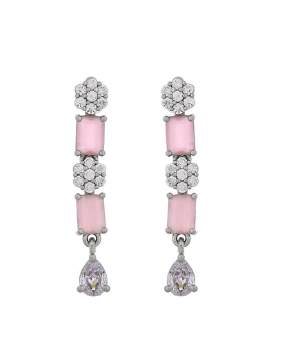 VOJ Silver Plated Baby Pink Rectangular Stone Ad Necklace Set - Dista