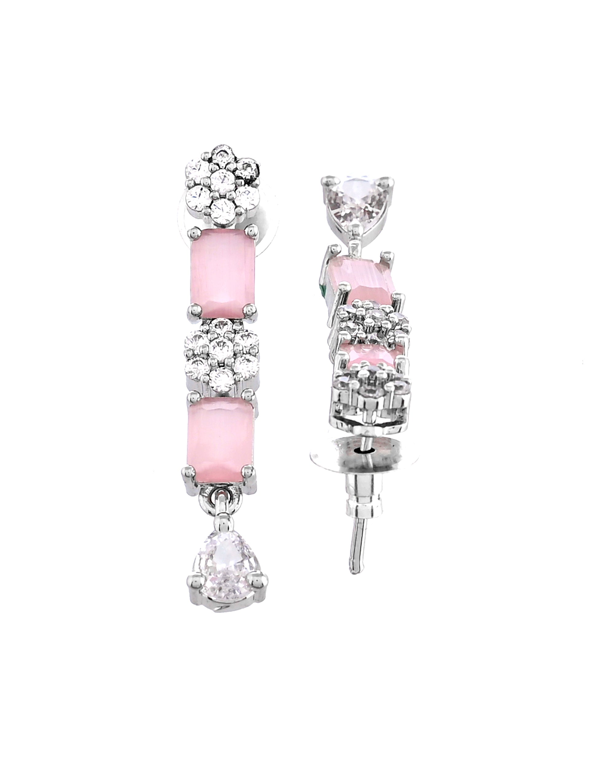 VOJ Silver Plated Baby Pink Rectangular Stone Ad Necklace Set