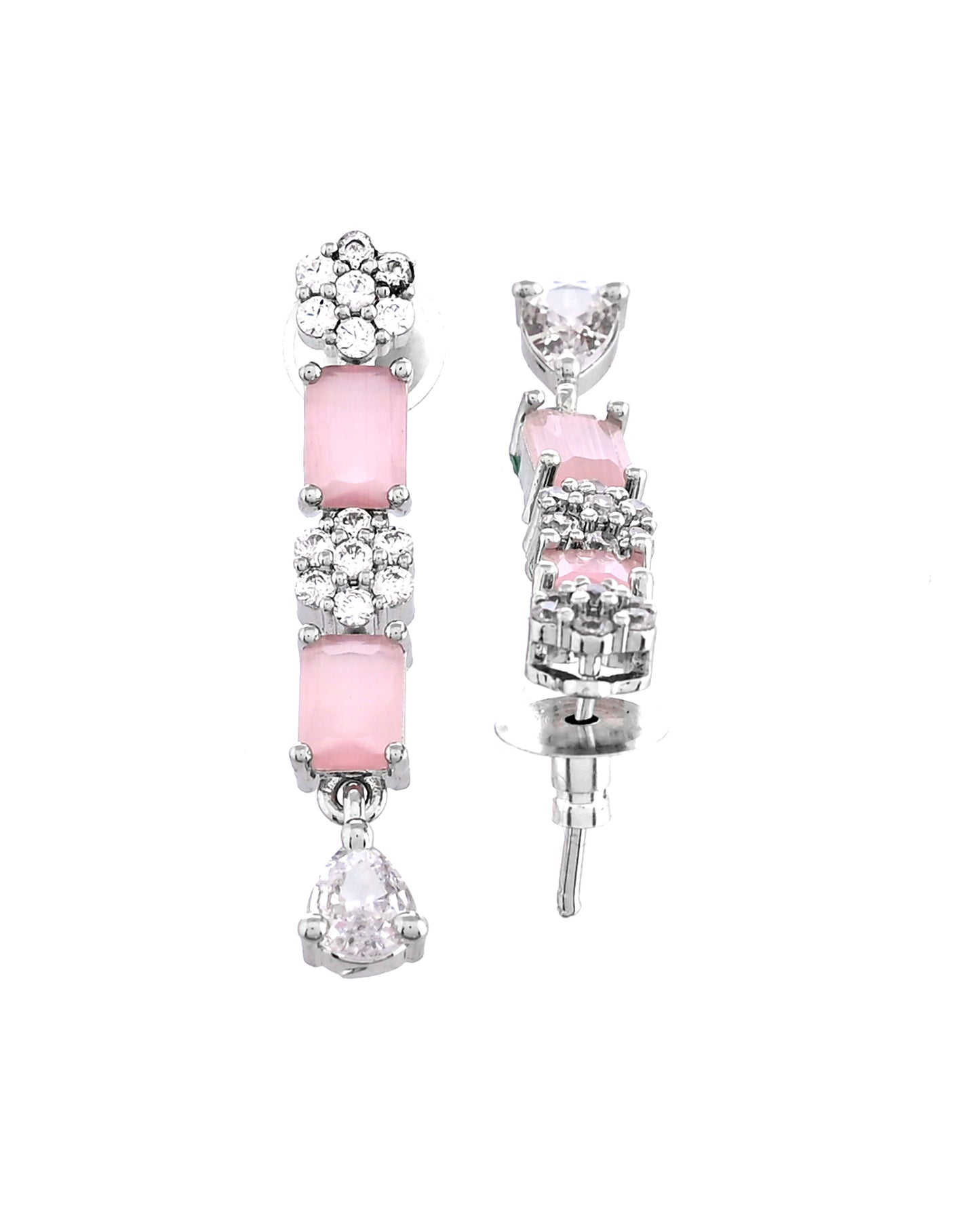 VOJ Silver Plated Baby Pink Rectangular Stone Ad Necklace Set - Dista
