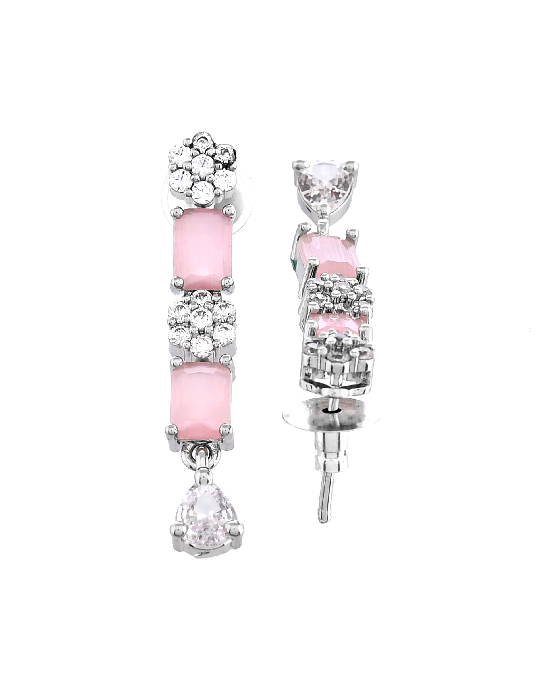 VOJ Silver Plated Baby Pink Rectangular Stone Ad Necklace Set - Dista