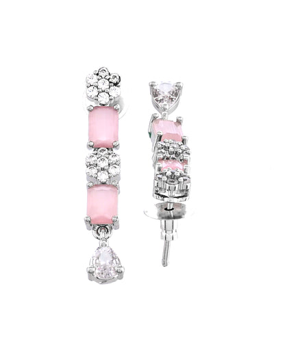 VOJ Silver Plated Baby Pink Rectangular Stone Ad Necklace Set - Dista