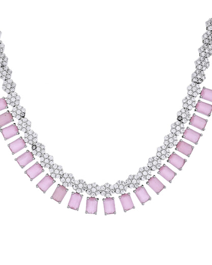 VOJ Silver Plated Baby Pink Rectangular Stone Ad Necklace Set - Dista