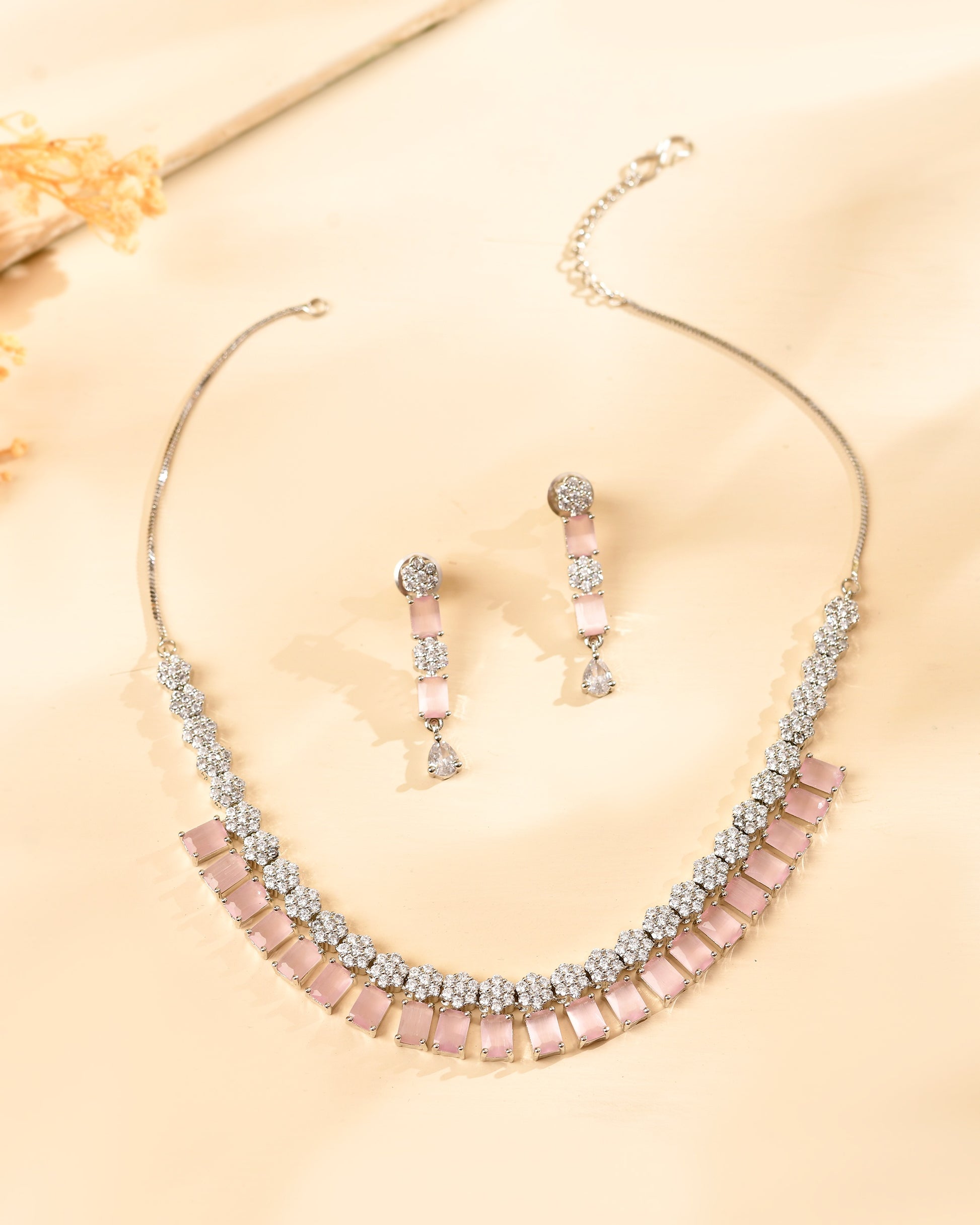 VOJ Silver Plated Baby Pink Rectangular Stone Ad Necklace Set - Dista