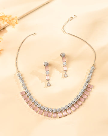 VOJ Silver Plated Baby Pink Rectangular Stone Ad Necklace Set - Dista
