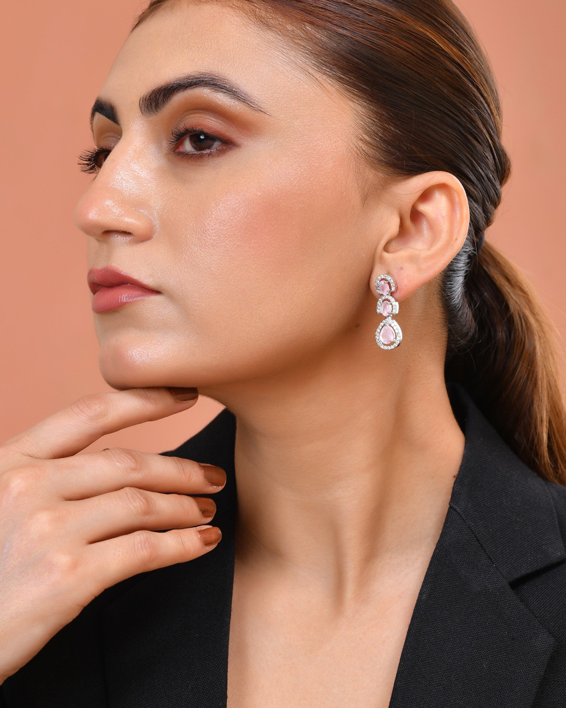 VOJ Silver Toned Baby Pink Ad Studs Earrings - Dista