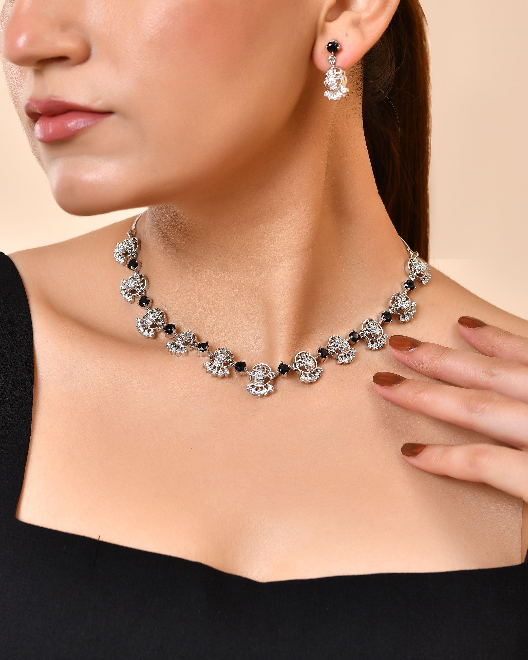 VOJ Silver Plated Ad Black Stone Temple Jewellery Set - Dista