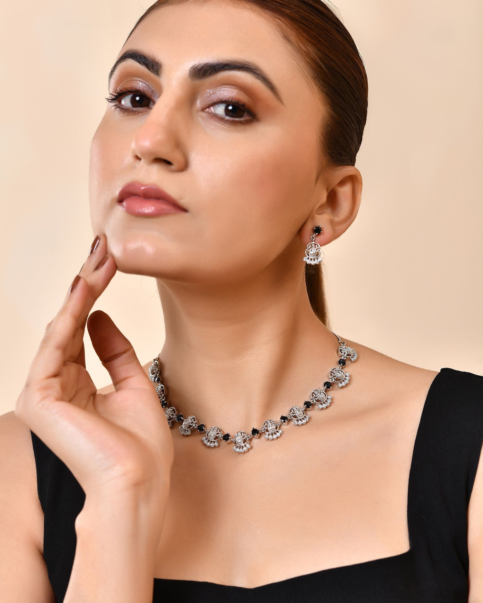 VOJ Silver Plated Ad Black Stone Temple Jewellery Set - Dista