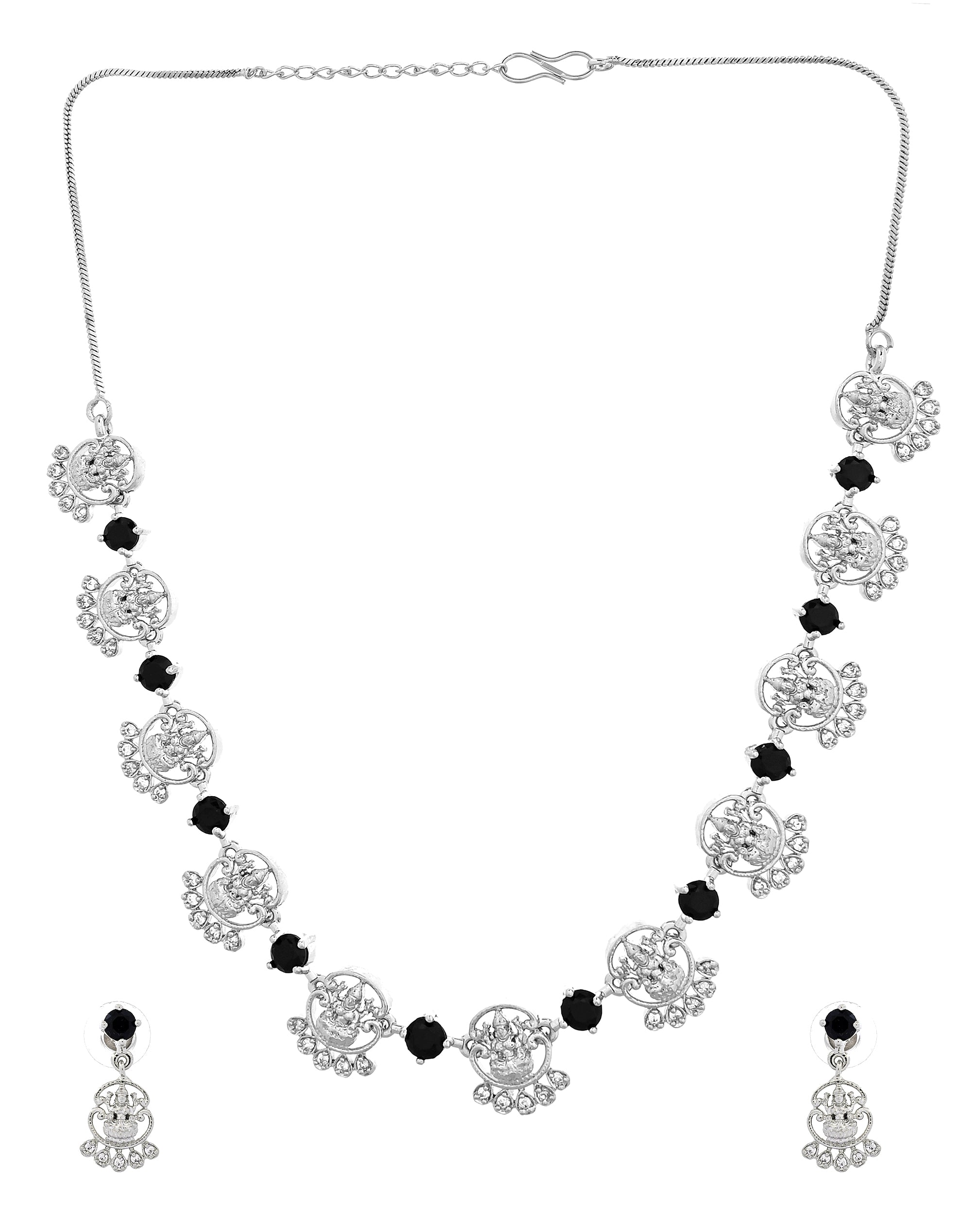 VOJ Silver Plated Ad Black Stone Temple Jewellery Set - Dista
