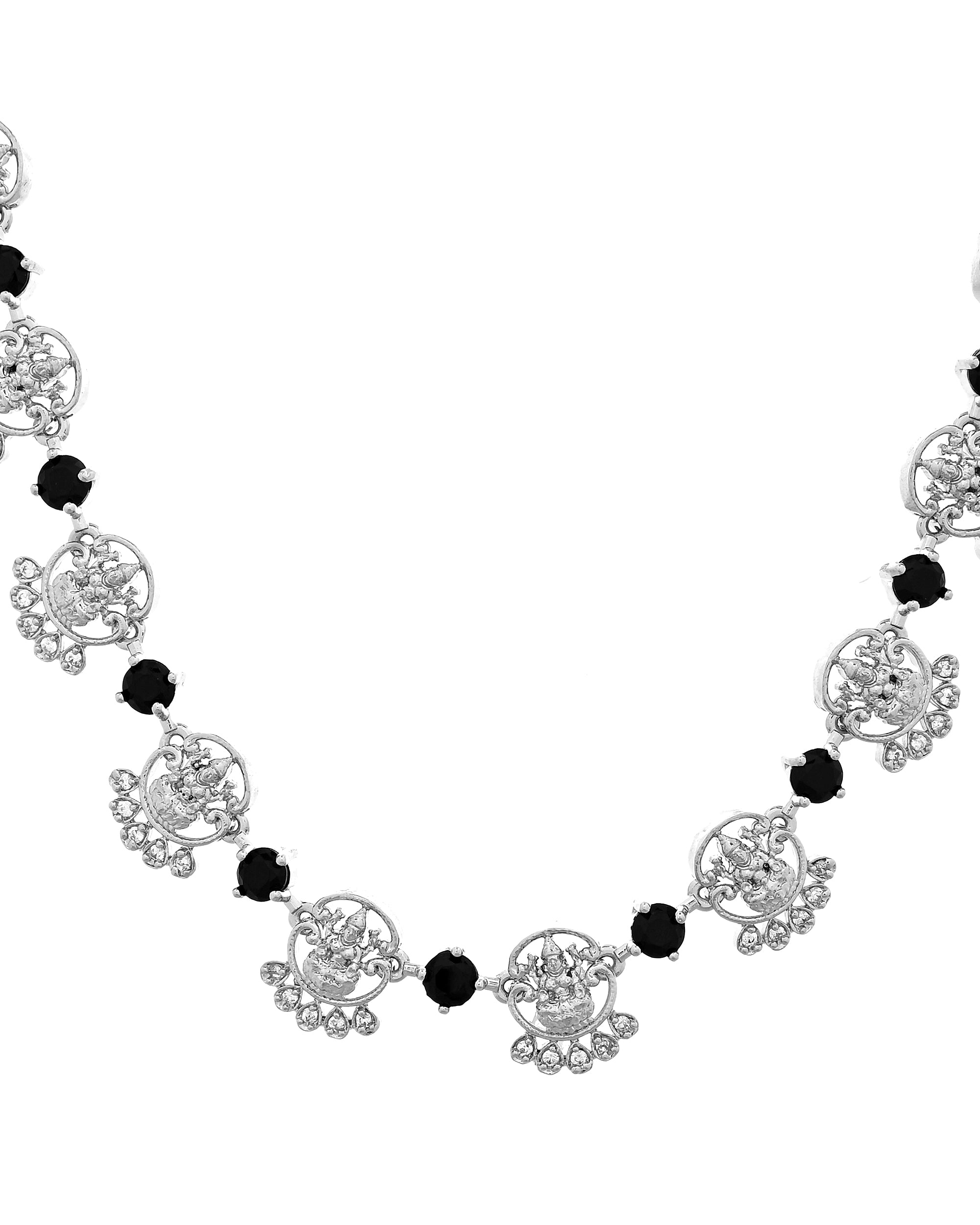 VOJ Silver Plated Ad Black Stone Temple Jewellery Set - Dista