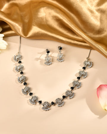 VOJ Silver Plated Ad Black Stone Temple Jewellery Set - Dista