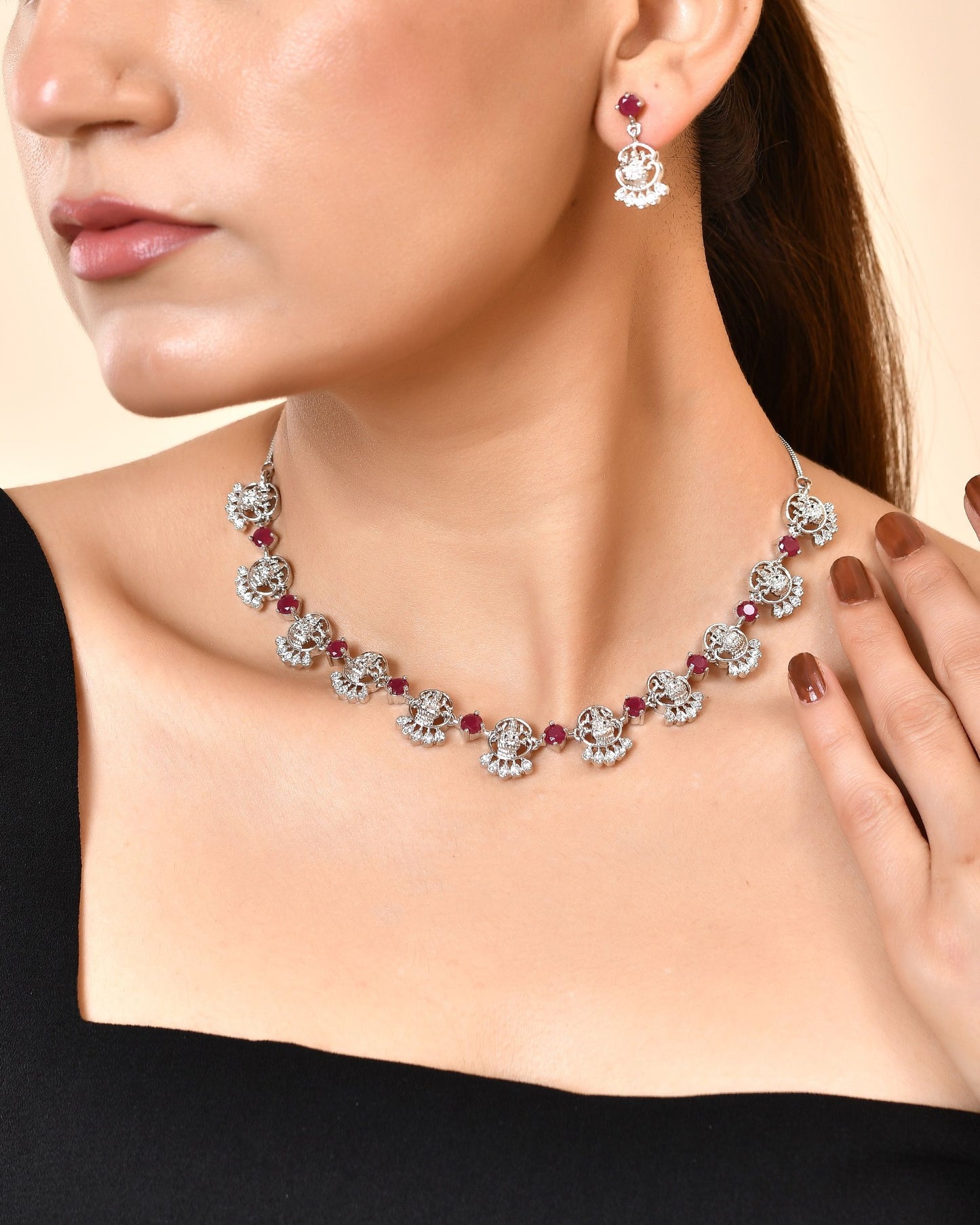VOJ Silver Plated Ad Wine Stone Temple Jewellery Set - Dista