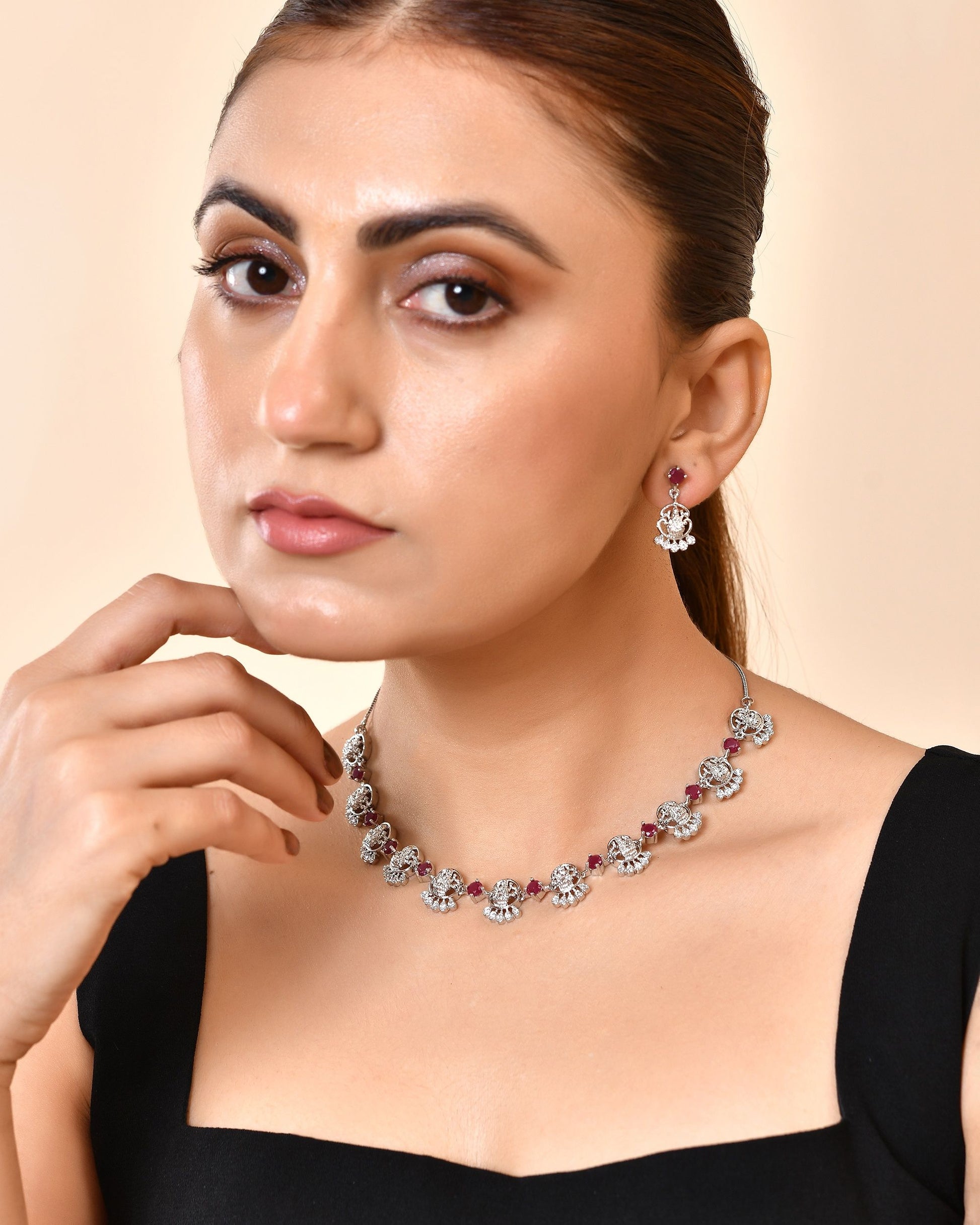 VOJ Silver Plated Ad Wine Stone Temple Jewellery Set - Dista