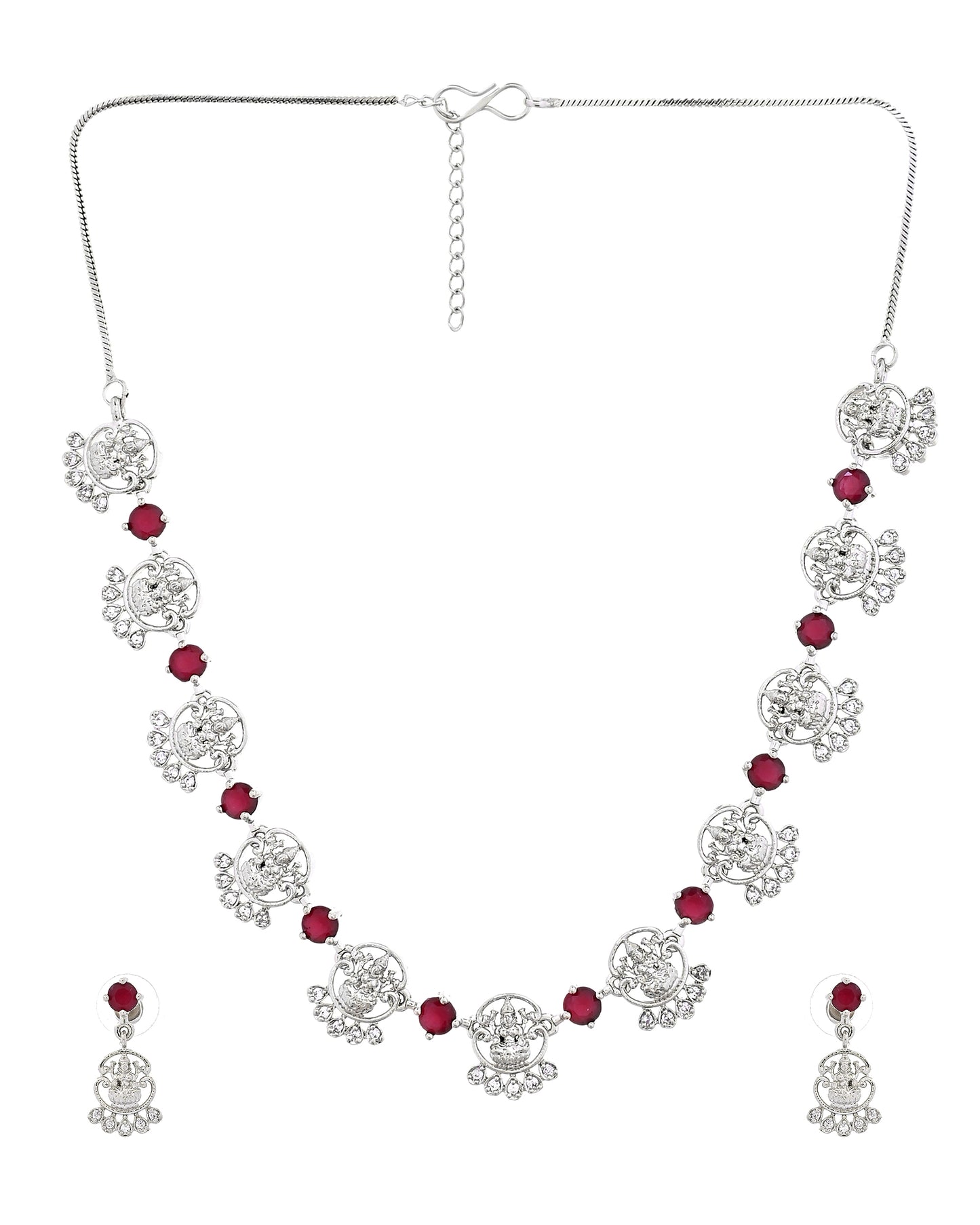 VOJ Silver Plated Ad Wine Stone Temple Jewellery Set - Dista