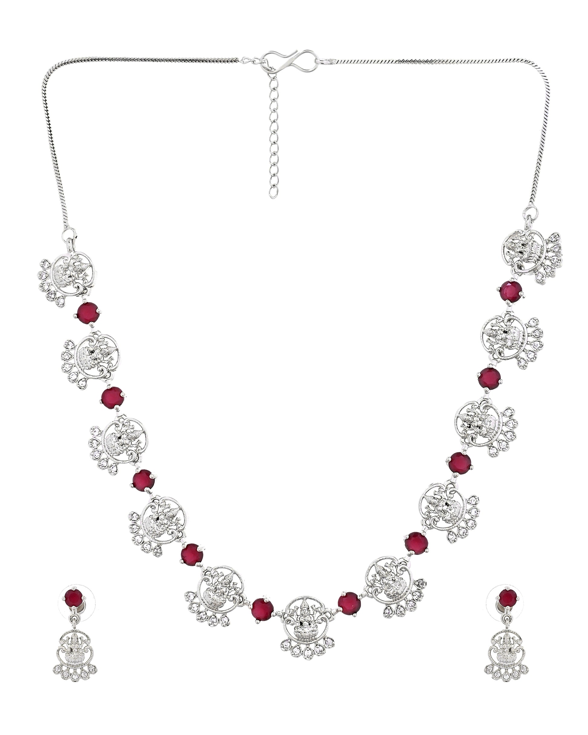 VOJ Silver Plated Ad Wine Stone Temple Jewellery Set - Dista