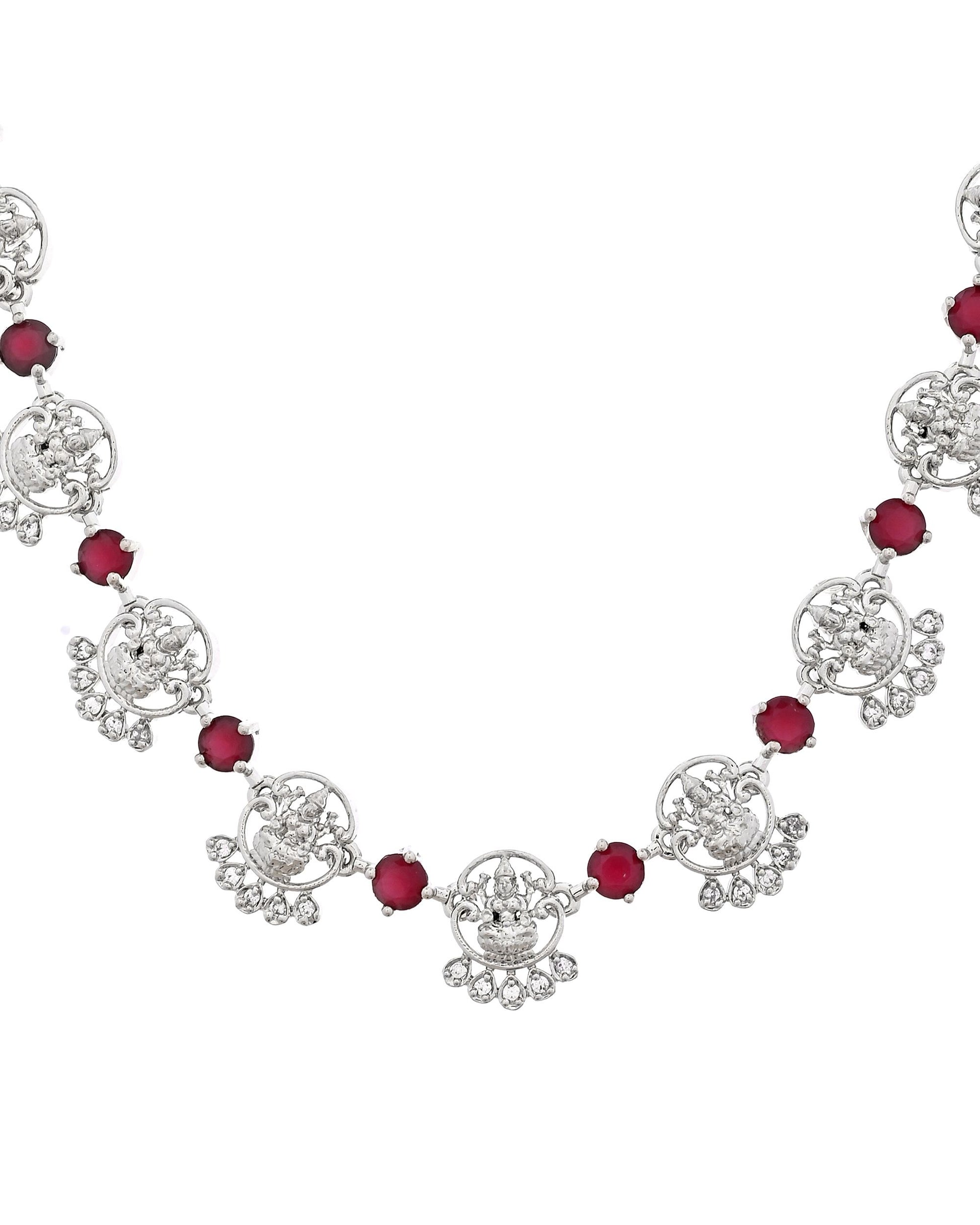 VOJ Silver Plated Ad Wine Stone Temple Jewellery Set - Dista